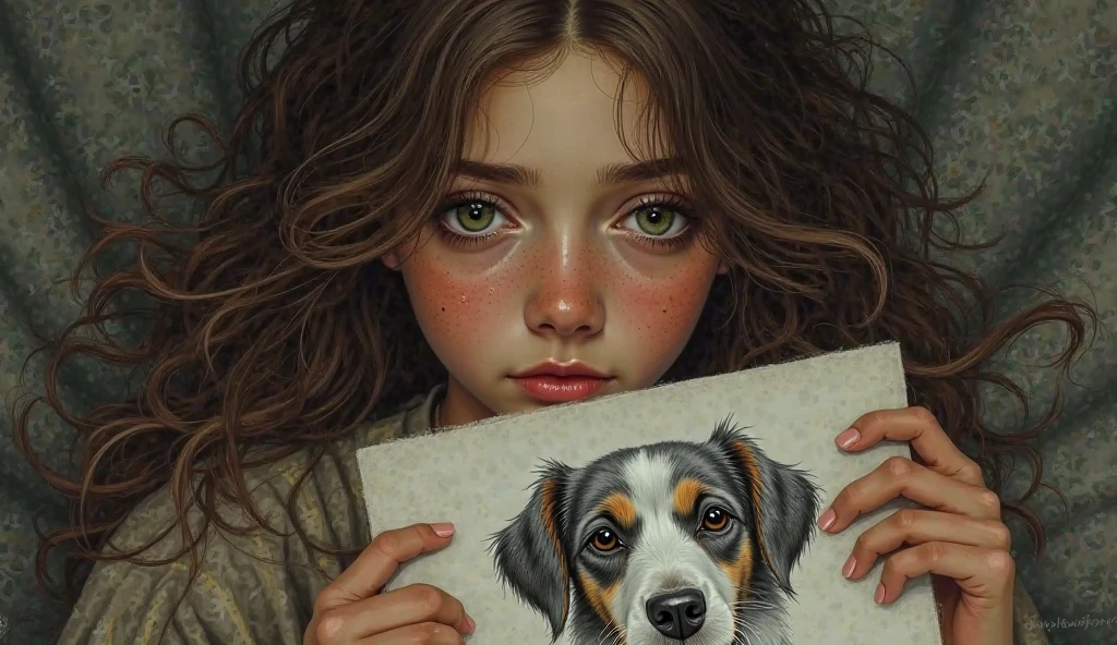  girl, brown hair, green eyes, fair skin, clutching a black German Shepherd drawing, teary eyes, deep emotion