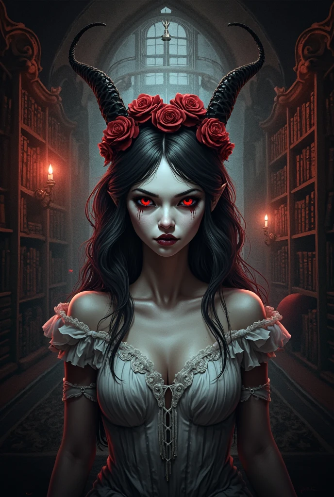 Logo for a horror game, game name don`t peek, in the background there is a girl  demon with horns and red eyes, victorian style, library or castle,  rose tiara, scream
