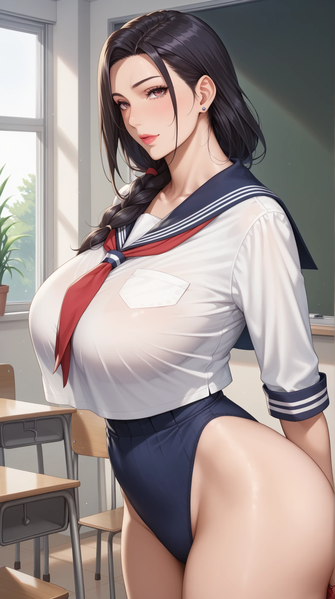 ((1girl)), black hair, extremely long hair, yellow eyes, ((muscular)), huge breasts, thick thighs, solo, angry, (pale skin), cowboy shot, (school uniform) (huge breasts)