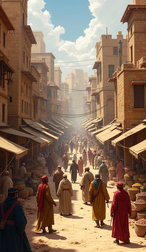 "A bustling marketplace in Mecca around 570 CE. Men in traditional Arab attire trade spices, textiles, and camels. Women mostly veiled and in the background. Dusty roads, tents, and stone buildings. The atmosphere is busy, chaotic but colorful."
