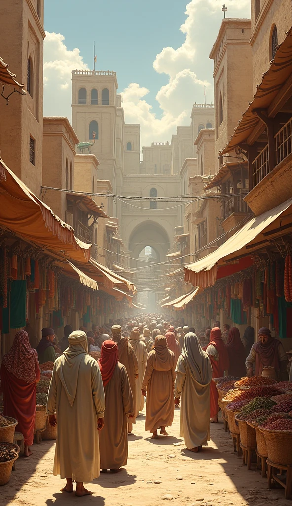 "A bustling marketplace in Mecca around 570 CE. Men in traditional Arab attire trade spices, textiles, and camels. Women mostly veiled and in the background. Dusty roads, tents, and stone buildings. The atmosphere is busy, chaotic but colorful."
