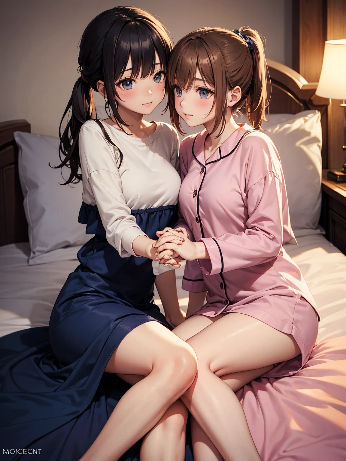 (((masterpiece))),2 girls、hugging each other、kissing,angel a beautiful girl, (best quality,8K,high resolution:1.2), (Super detailed, reality,detailed face:1.3), (baby face,cute type,adorable),disorganized,(masterpiece、highest quality、),intricate details,Super detailed細,beautiful clavicle,((Precise hands without any discomfort,Precise feet without discomfort)),beautiful detailed eyes, beautiful detailed lips, long eyelashes, up style short hair、black hair, innocent and pure expression, delicate features, rays of light that shine on them, heavenly atmosphere,high quality, vivid colors, dreamy lighting、A sloppy smile,clear white skin、functional、full body photo,(輝くblack hair)、while sleeping、cute summer pajamas,on the cute bed、midnight、clothes are in disarray、Sleeping