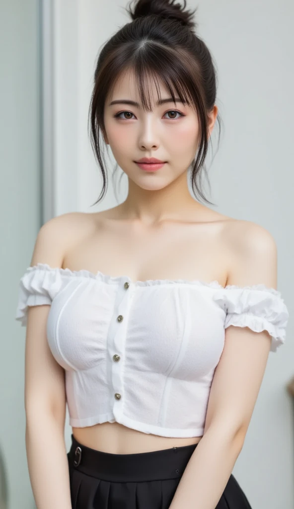 best quality, masterpiece, beautiful and aesthetic, 16K, (HDR:1.4), high contrast, bokeh:1.2, lens flare, (vibrant color:1.4), (muted colors, dim colors, soothing tones:0), cinematic lighting, ambient lighting, sidelighting, Exquisite details and textures, cinematic shot, Warm tone, (Bright and intense:1.2), wide shot, by playai, ultra realistic illustration, siena natural ratio, anime style, a picture from a high angle, a view from above, long Straight black hair with blunt bangs, (a charming smile:1), Gray bracelet, a oversized off-shoulder pink an oversized T-shirt,(Large breast bulge) jeans, playing Gibson bass guitar, a sexy instagram Hot Swiss model, with a tattoo, oversized clevage, Broken Glass effect, no background, stunning, something that even doesn't exist, mythical being, energy, molecular, textures, iridescent and luminescent scales, breathtaking beauty, pure perfection, divine presence, unforgettable, impressive, breathtaking beauty, Volumetric light, auras, rays, vivid colors reflects.