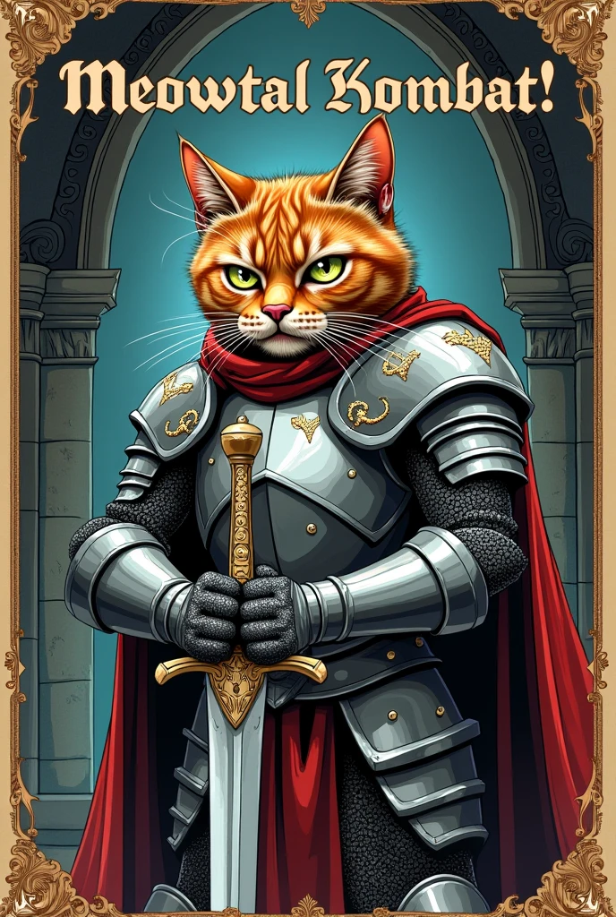 Cat in boots with a sword. Put on a knight's cloak. Put on a feather hat.