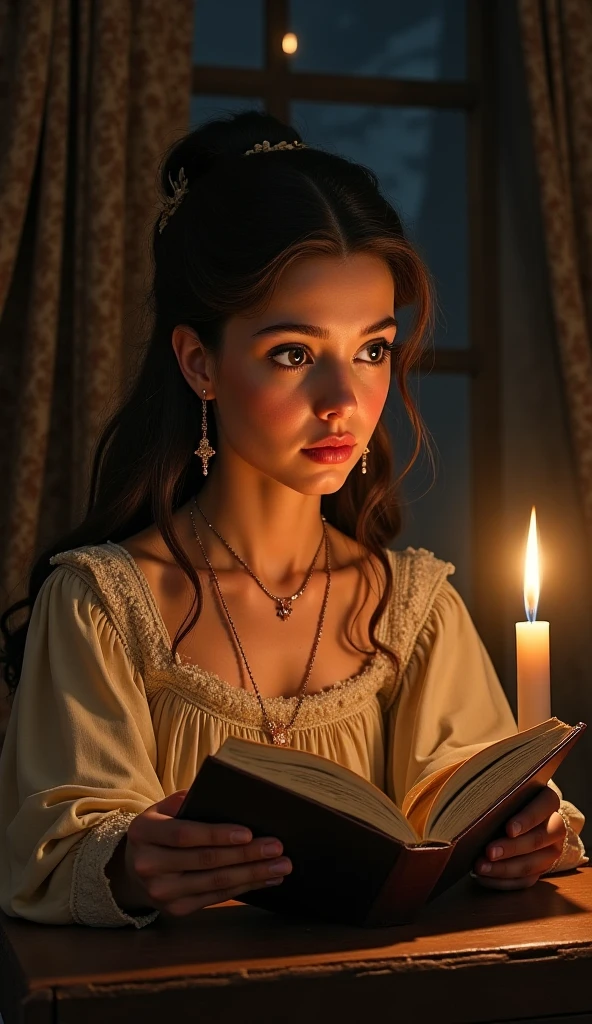 A young queen Isabella in the humble town of Madrigal de las Altas Torres, reading a book by candlelight, symbolizing her early thirst for knowledge.