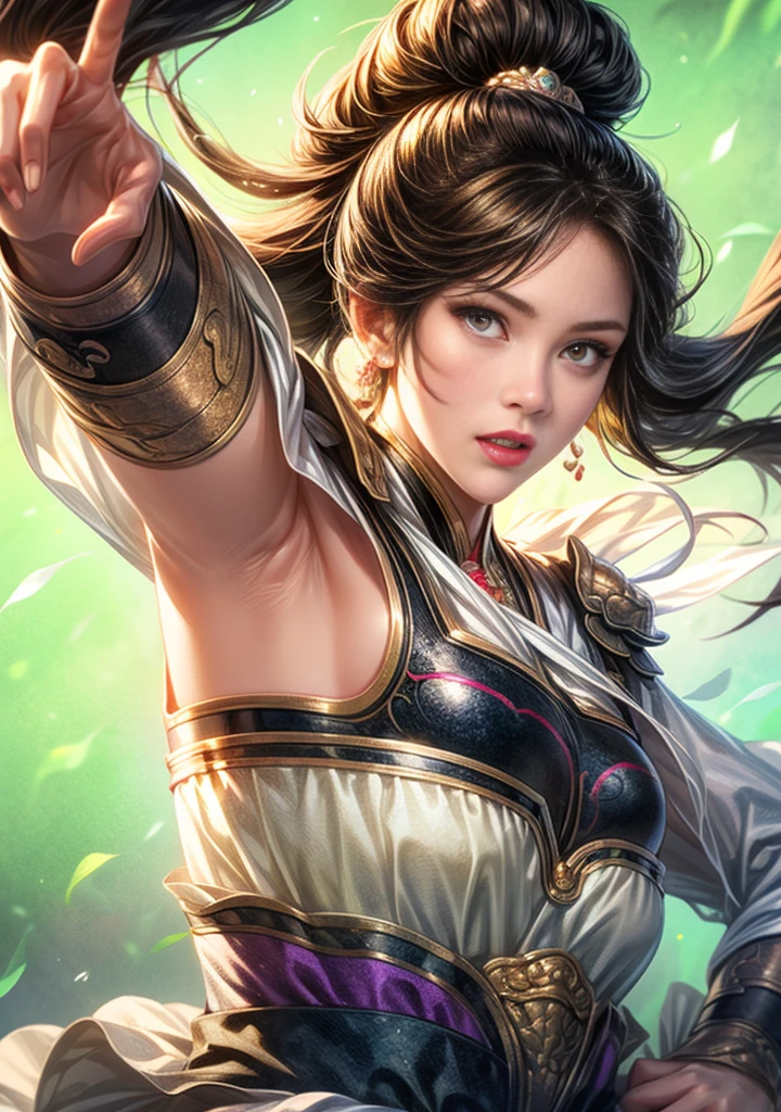 Han Dynasty landscape、Three Kingdoms、whole body、(Armor,4K,8k,high res,Great Performance:1.2)、very detailed, high res,HyperHD、studio lighting、ultra-fine painting、 sharp focus、 Physically Based Rendering、 very detailed explanation、  professional 、 of bright colors、Traditional Chinese painting techniques、 Ambient light、 Bright contrasting colors、very detailed目と顔、 Attention to Beautiful Details beautiful、 Light on the face、yoYoung woman wearing black Hanfu、(Hanfu: 1.2)、eyes are green, Perfect Body, (((Young woman)))、silver punch、 Dynamic Gesture、