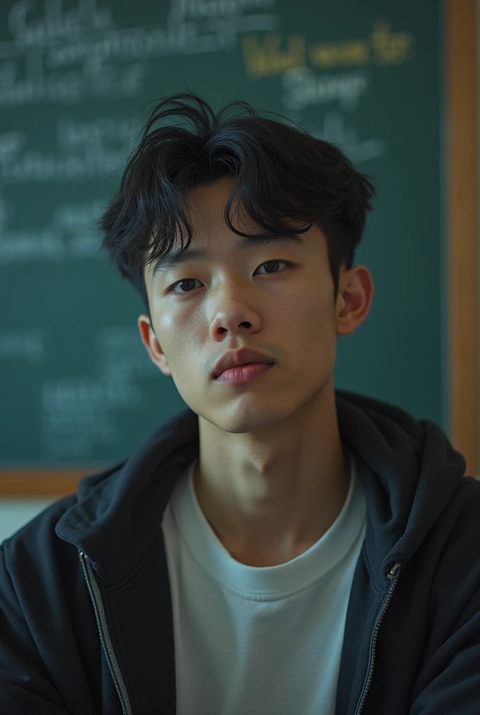 Mashed hair with black hair、Droopy eyes、Androgynous Japanese male high school student、Large hoodie、Portrait