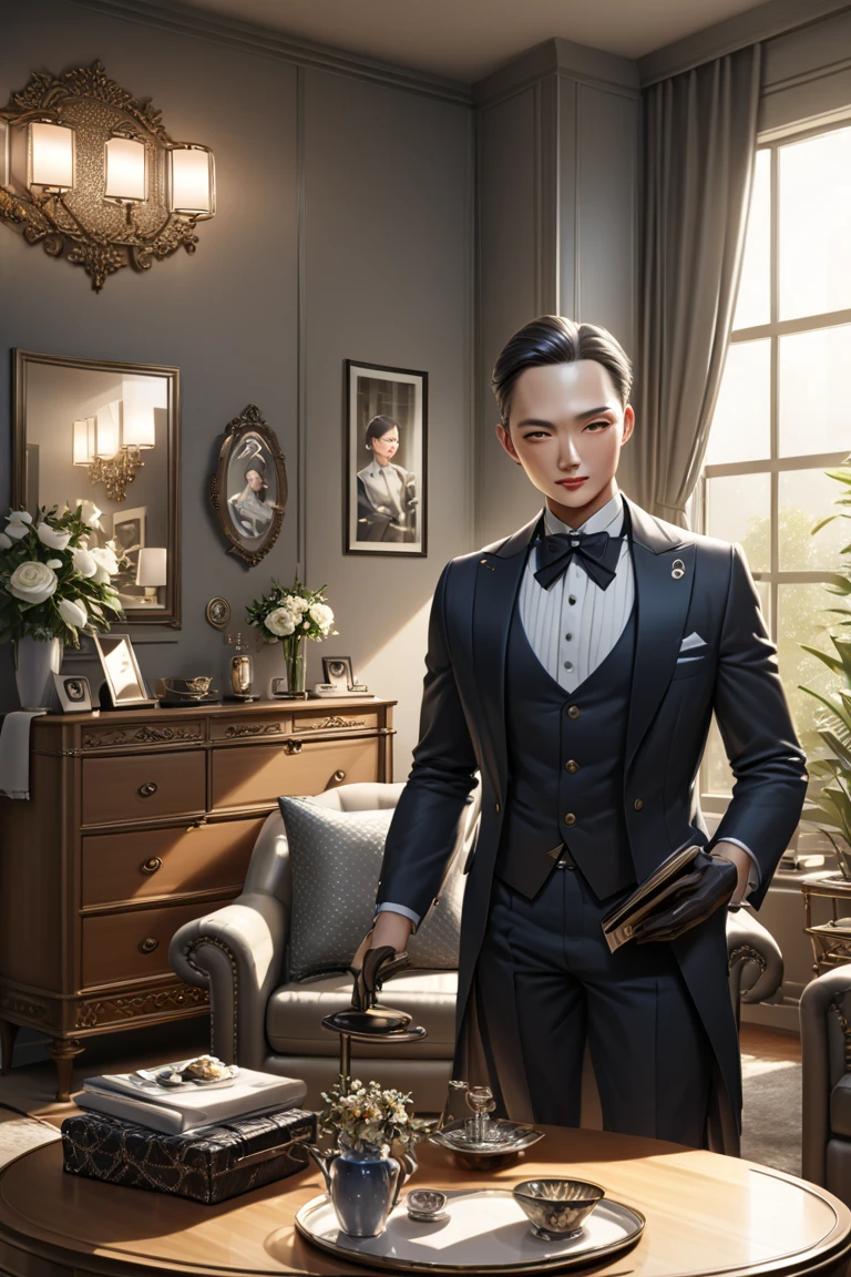 Butler with charming manners, Meticulous expression, Friendly posture, Comfortable interior space, soft lighting effects, Organized furniture and accessories, Luxurious interior decoration, Relaxed Atmosphere, Exquisite texture and light effects, Realistic Details, realistic expression,  attractive figure , Exquisite realistic rendering, 고화?,  professional work 