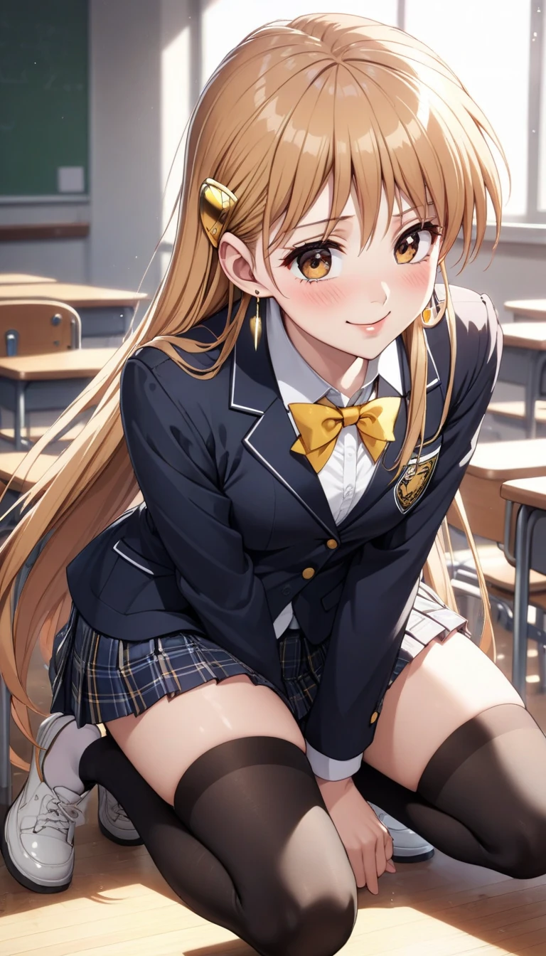 (erina nakiri, long hair, orange hair, purple eyes, hair between eyes, skirt, thighhighs, bow, school uniform, jacket, pleated skirt, shoes, black thighhighs, zettai ryouiki, plaid, plaid skirt, blazer,),  1 female, ( beautiful high school girl ,  beautiful skin, smile, blush), Beautiful and shining eyes,  glossy lips ,  very detailed目と顔,  long eyelashes,  ( Crouch,  Butt Oriented ),   close-up, Crouch, classroom,  Dark and Glamorous Light, Quiet, , ,  light shining in ,( top quality:1.2,  very detailed,  high detailed CG illustration ,  soft focus,  Masterpiece:1.2,  Best Aesthetics ),