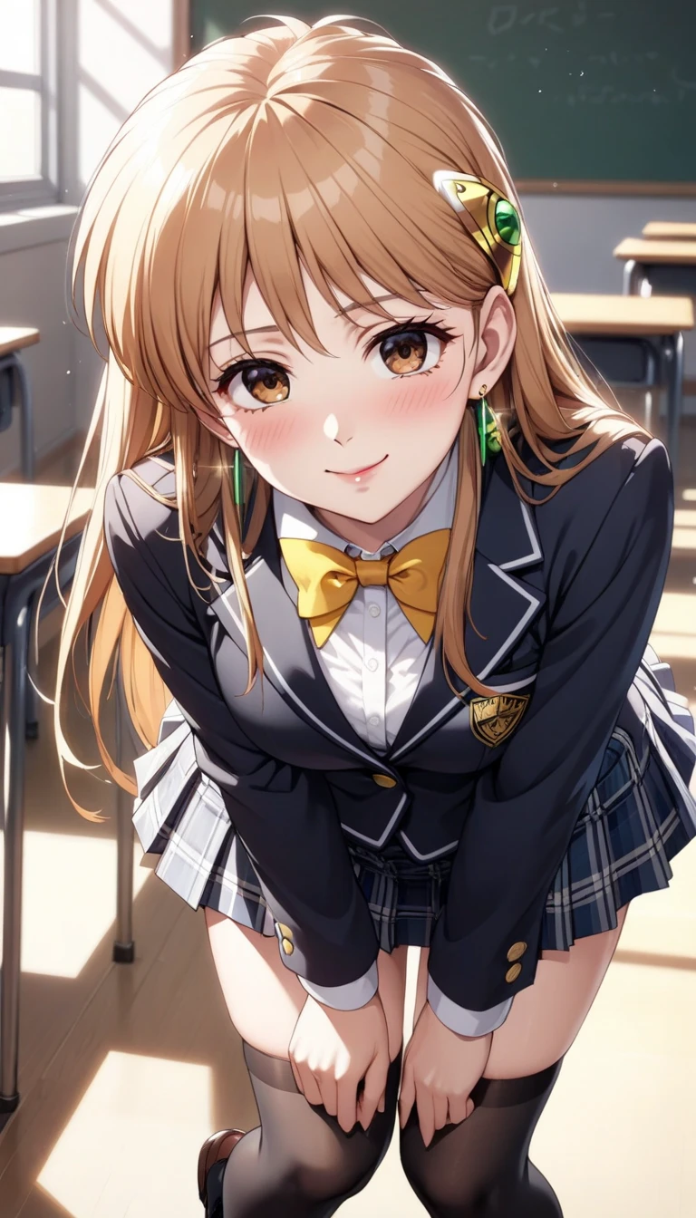 (erina nakiri, long hair, orange hair, purple eyes, hair between eyes, skirt, thighhighs, bow, school uniform, jacket, pleated skirt, shoes, black thighhighs, zettai ryouiki, plaid, plaid skirt, blazer,),  1 female, ( beautiful high school girl ,  beautiful skin, smile, blush), Beautiful and shining eyes,  glossy lips ,  very detailed目と顔,  long eyelashes,  ( Crouch,  Butt Oriented ),   close-up, Crouch, classroom,  Dark and Glamorous Light, Quiet, , ,  light shining in ,( top quality:1.2,  very detailed,  high detailed CG illustration ,  soft focus,  Masterpiece:1.2,  Best Aesthetics ),