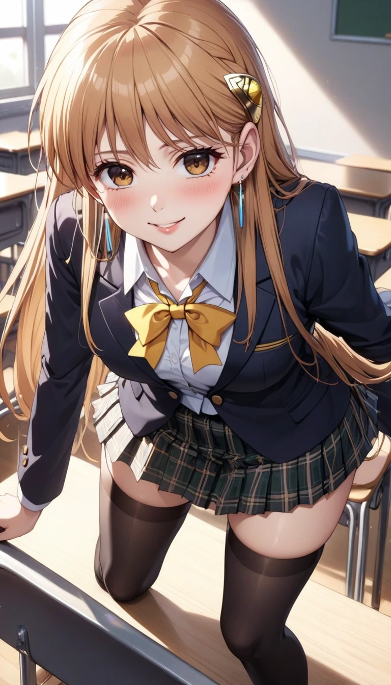 (erina nakiri, long hair, orange hair, purple eyes, hair between eyes, skirt, thighhighs, bow, school uniform, jacket, pleated skirt, shoes, black thighhighs, zettai ryouiki, plaid, plaid skirt, blazer,),  1 female, ( beautiful high school girl ,  beautiful skin, smile, blush), Beautiful and shining eyes,  glossy lips ,  very detailed目と顔,  long eyelashes,  ( Crouch,  Butt Oriented ),   close-up, Crouch, classroom,  Dark and Glamorous Light, Quiet, , ,  light shining in ,( top quality:1.2,  very detailed,  high detailed CG illustration ,  soft focus,  Masterpiece:1.2,  Best Aesthetics ),