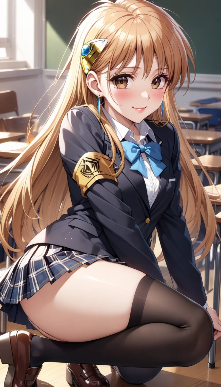 (erina nakiri, long hair, orange hair, purple eyes, hair between eyes, skirt, thighhighs, bow, school uniform, jacket, pleated skirt, shoes, black thighhighs, zettai ryouiki, plaid, plaid skirt, blazer,),  1 female, ( beautiful high school girl ,  beautiful skin, smile, blush), Beautiful and shining eyes,  glossy lips ,  very detailed目と顔,  long eyelashes,  ( Crouch,  Butt Oriented ),   close-up, Crouch, classroom,  Dark and Glamorous Light, Quiet, , ,  light shining in ,( top quality:1.2,  very detailed,  high detailed CG illustration ,  soft focus,  Masterpiece:1.2,  Best Aesthetics ),