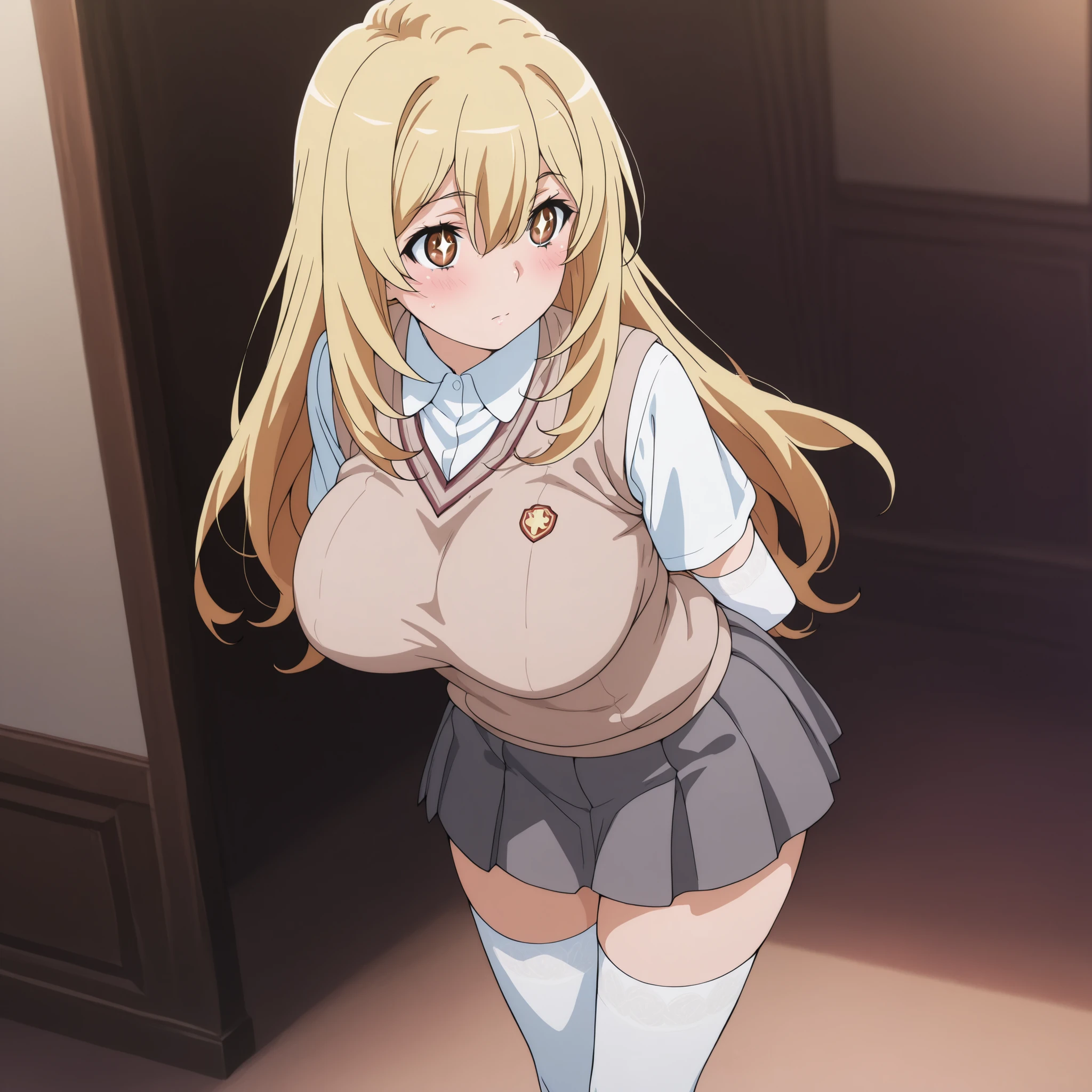 An angle that looks like you're looking at her face from between her legasterpiece)、(highest quality)、((Very detailed))、(Very delicate)、1 girl、Lying on the futon、(school uniform)、(kashiwazaki sena, butterfly_hair_ornament, blonde_hair, long hair, aqua eyes, large breasts,)、(clothes tug)、Big Breasts、(lying on bed:2)、(From below:2),