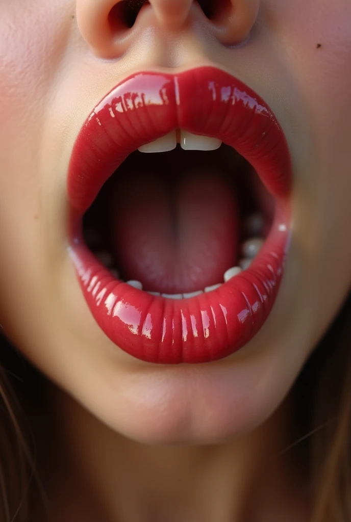 Close-up of the mouth、1beautiful girl、I mainly draw around the mouth.、tongue、long tongue、sticking out the tongue、Show the inside of the mouth、Open your mouth wide and show me your throat、Teak、lipstick、fisheye lens、