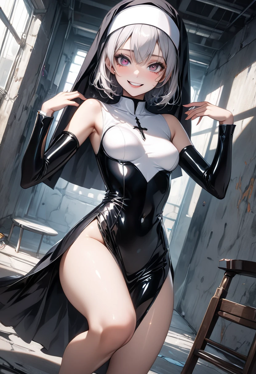 ((traditional nun)), ((skindentation)), skinny, alone, solo, 1 woman, Masterpiece, highest quality, highest quality, 16K, incredibly absurd, highly detailed, 2.5D, ai-generated, delicate and dynamic, very delicate facial expressions, delicate eye depiction, erotic, only sexy woman, ((A cute and kind face)), healthy figure, ((1 woman)), 160cm tall, ((medium firm swaying bust)), medium breasts, (short hair), Straight Hair, (pink hair:1.5), bob cut, black eye, blush, Sweat,Embarrassed,sexy, ((thin thighs)), shiny and lustrous, facing straight at viewer, smile, ((Oily_skin)), dark skin, ((standing)), ((arm at side)),