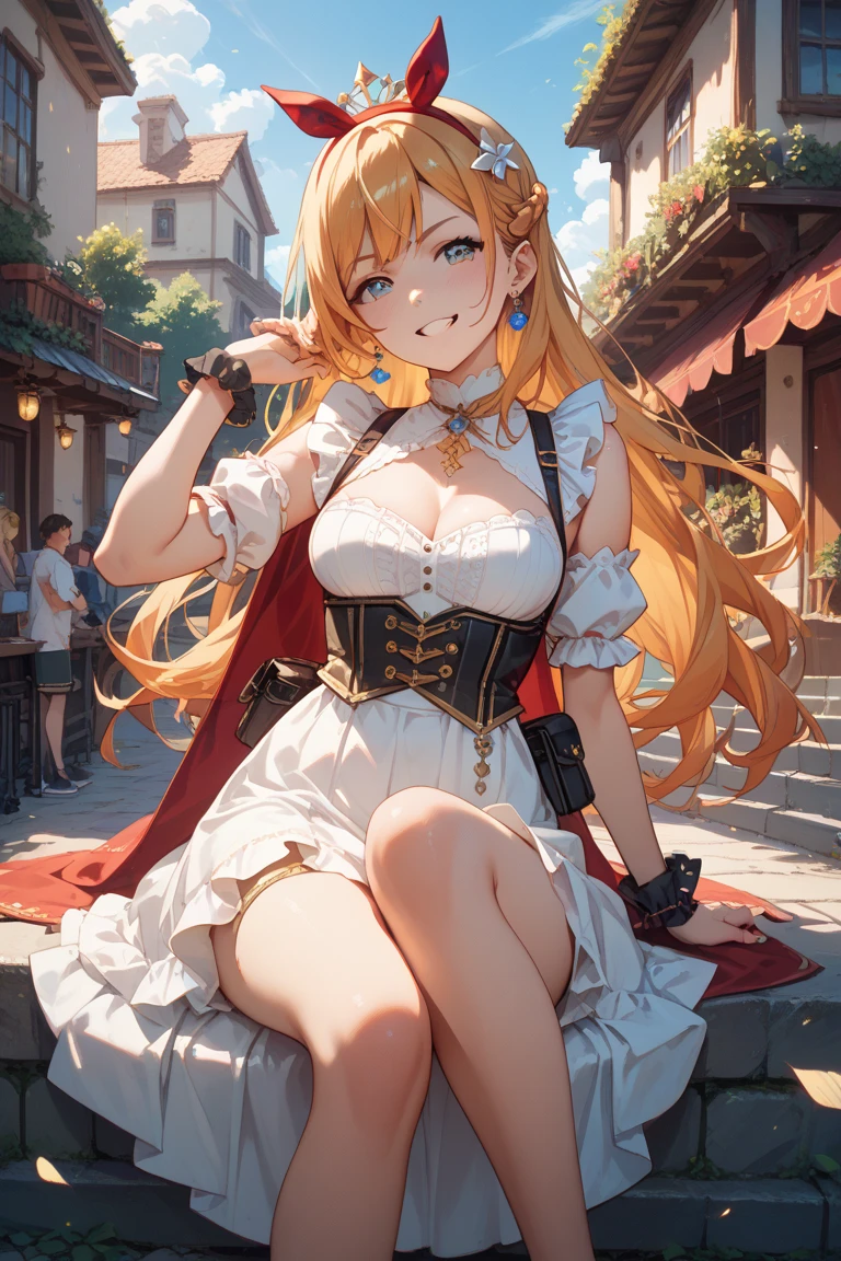 (masterpiece, best quality:1.2), red glowing eyes, red eyes, the eyes are red, perfect face, strong make up, highres, 1 girl, ultra long ponytail, (female:1.5), strife, blonde hair streaked with lots of red highlights, two colors hair (blond and red), hight flame mistress outfit, shoulder armor, sleeveless turtleneck, suspenders, belt, gloves, bracer pre potent smile, crossing legs, crossing arms , evil smile, evil pose, sitting, portrait, looking at viewer,  Her hair is streaked with lots red and blonde highlights, moon tribal tattoo.