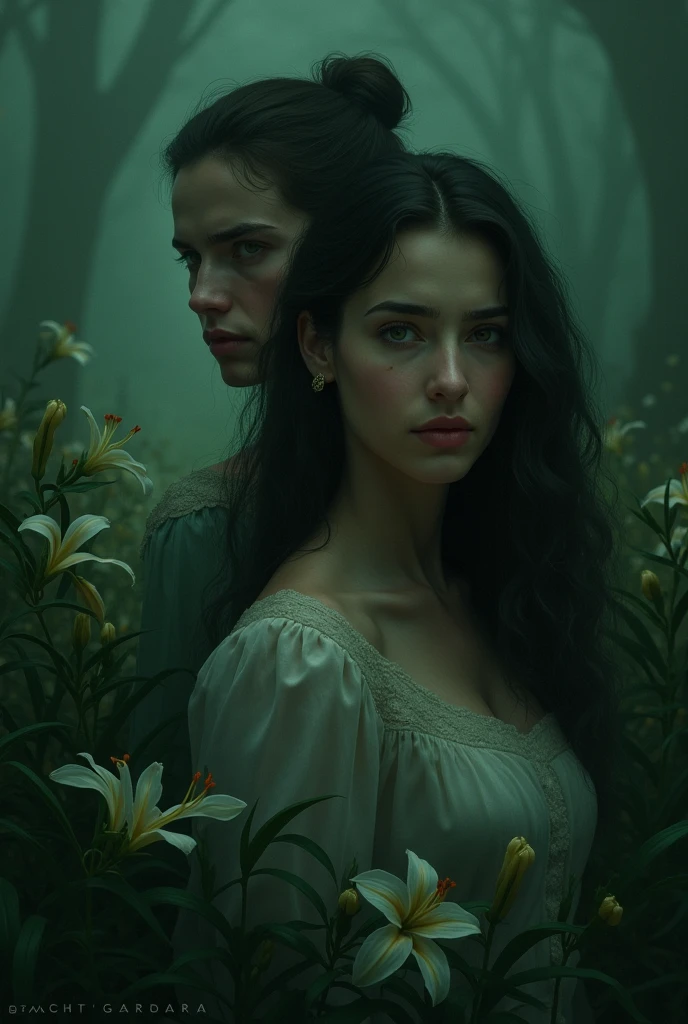 book cover design:

**Color Scheme**: 
- Dark, moody tones with shades of green for Emi and darker, colder tones (like dark blues or purples) for Lilian.
- Soft neutrals or black to create mystery and intensity, with hints of green and earth tones.

**Main Elements**:
- **Characters**: Emi and Lilian should be central to the cover. Lilian might be looming in the background, observing Emi, while Emi could have an expression of vulnerability or uncertainty.
- **Flowers**: Lilies or orchids subtly incorporated, either in the background, as part of their clothing, or within the design to symbolize Emi’s connection to them.

**Mood**: 
- The atmosphere should feel dark and intense, with a romantic undertone. The setting could be dimly lit, perhaps with mist or shadows, creating a sense of suspense and tension between the two characters.

**Typography**: 
- The title should be in an elegant, modern serif font with dark undertones, while the author name ("Heizaherra") could be placed below the title in a smaller, subtle font.

**Character Interaction**:
- There should be a sense of subtle tension, with Lilian portrayed as observing Emi, and Emi looking vulnerable or conflicted. This will highlight their complex and intense relationship.