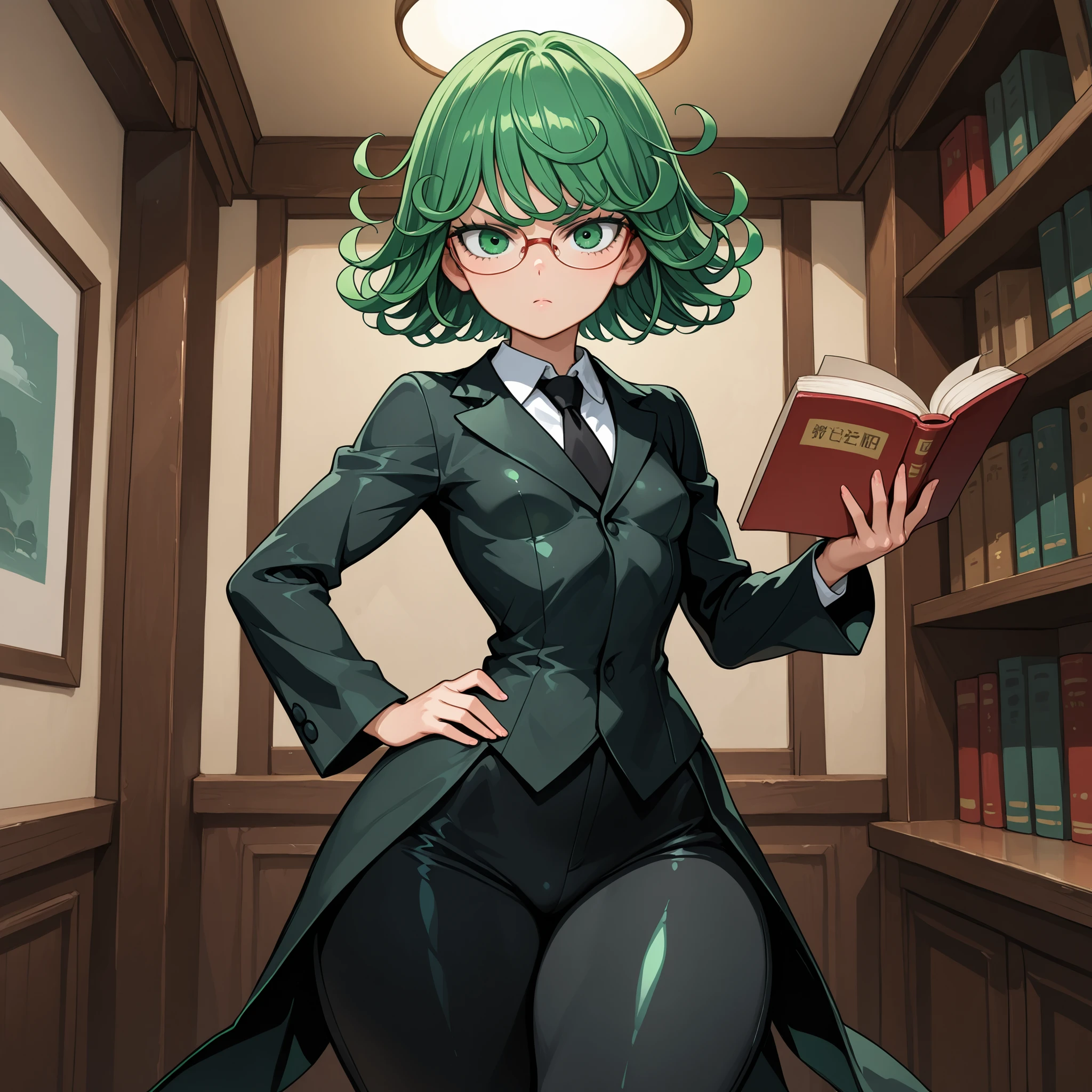 1girl, solo, zzTatsumaki, green eyes, green hair, tiny breasts, narrow waist, wide hips, thick thighs, white blouse, black blazer coat, black pants, black tie, glasses, serious, cute, holding a book, standing, looking at viewer, room background, from the front view, shiny skin, high res