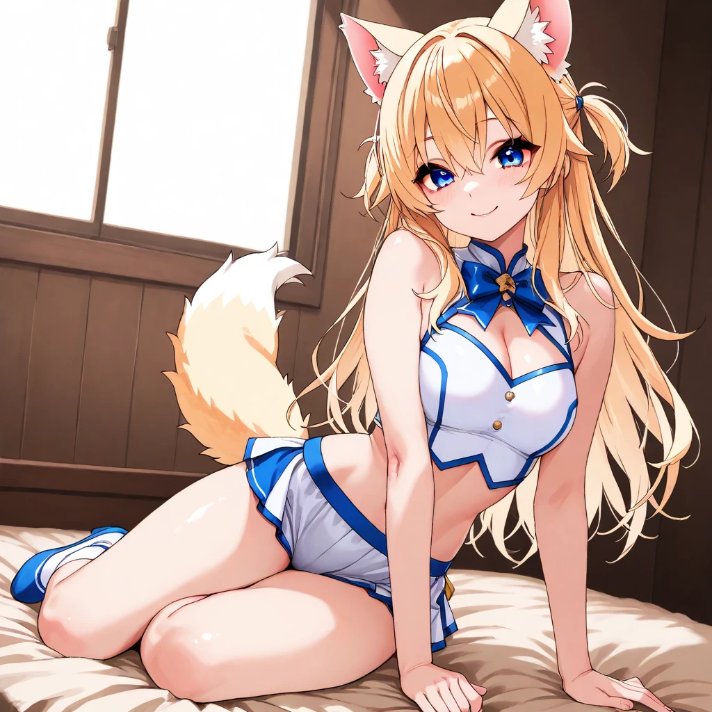 Fox ears, fox tail, blonde hair, short hair, blue eyes, red eyeshadow, red blush, res lips, smile, happy face, large breasts, lingerie, lace lingerie, on bed, bedroom, snow, night, looking at viewer,