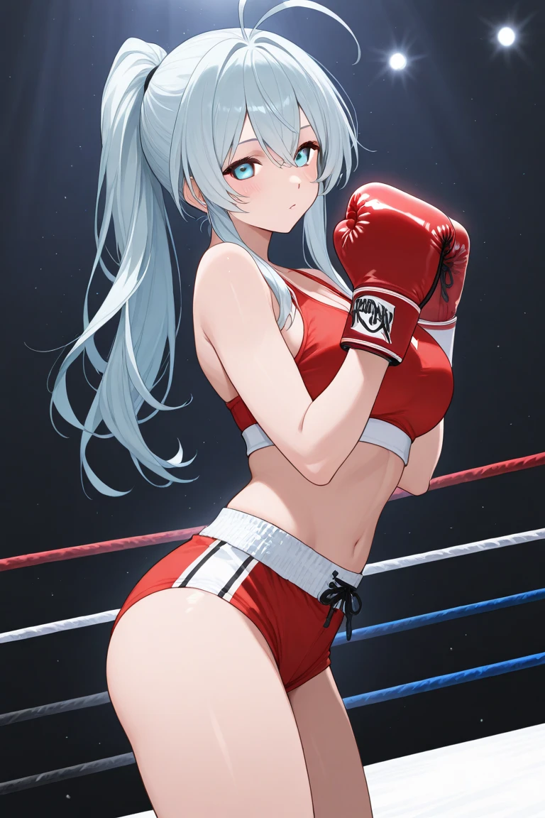 high quality,Mature beauty,White straight hair,Red Eyes,shy,blush,Wearing cheongsam,Black stockings,High heel,Wearing boxing gloves,Cleavage,Large Breasts,Camel toe,Long legs,Thin waist,Vest line,Absolute Domain,Sitting in the boxing ring with legs spread