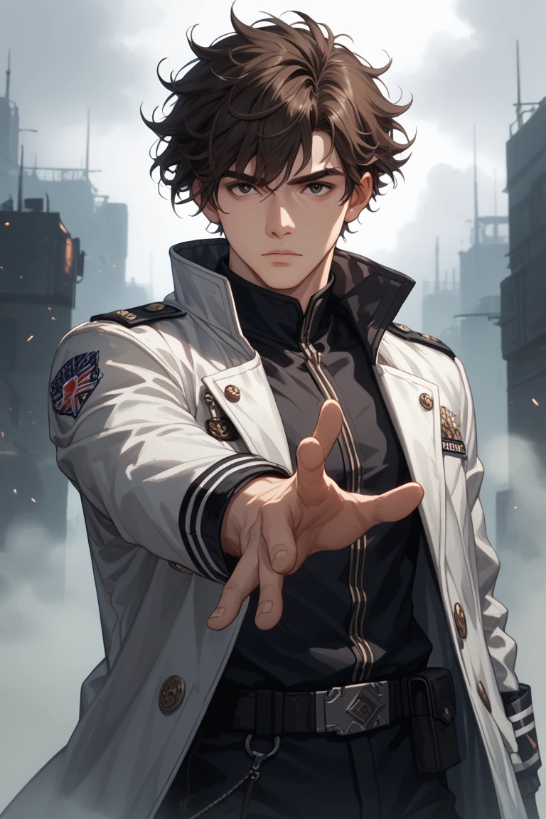 A semi-realistic anime-style digital illustration of Kang Hyun, a Korean man in his early 20s. He has sharp black eyes, short messy dark brown hair, and a thin scar on his right cheek. He wears a futuristic black combat outfit with a long silver-lined coat. He has a lean yet toned build. The art style is dark fantasy with moody lighting, fog, and smoke. 
Kang Hyun steps forward cautiously, reaching out toward the glowing crack. Fog curls around his legs. He’s slightly frowning, curious and tense.
