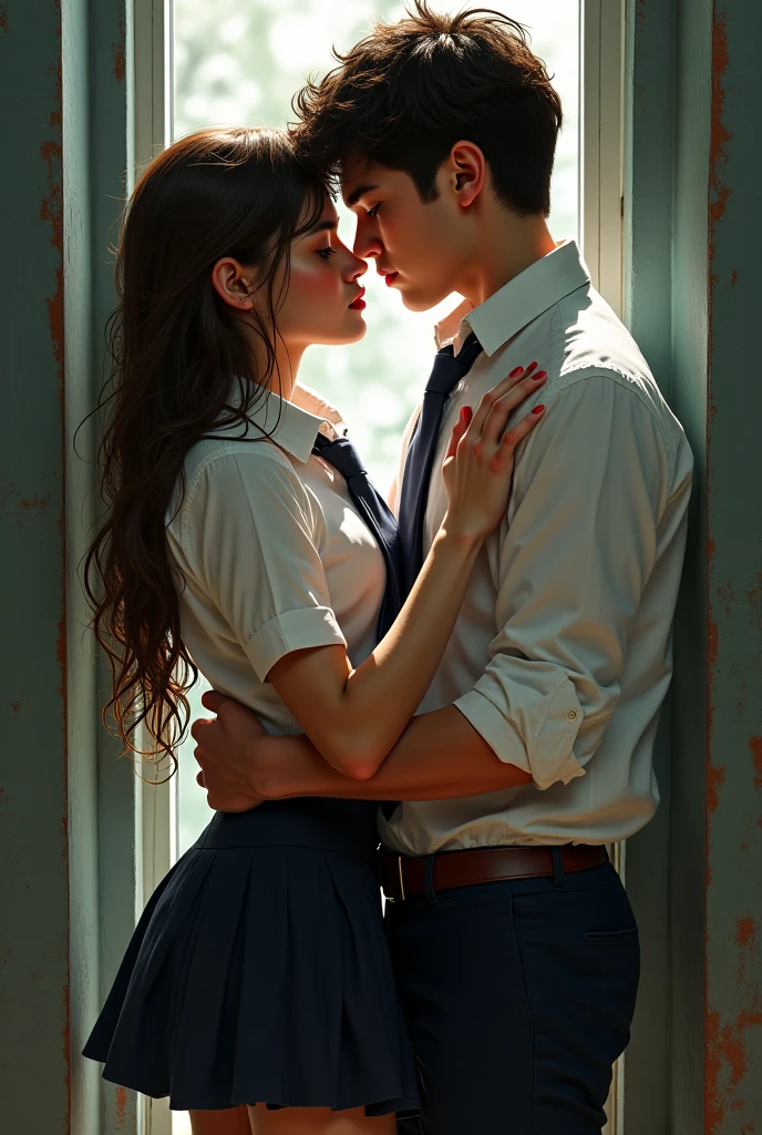 40 year old man kissing school girl, edge of bed, schoolg girl skirt,Twintails,