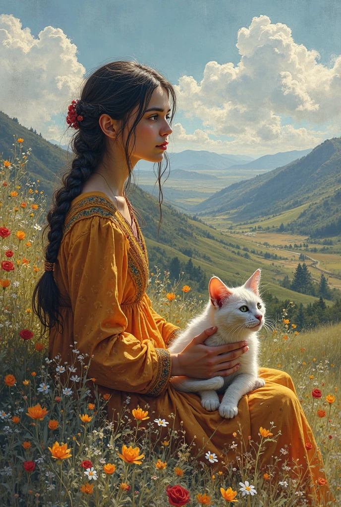 A Kurdish girl is sitting in a beautiful land scape while there’s a cat besides her , Eugene delicrox painting style wet fresh canvas look