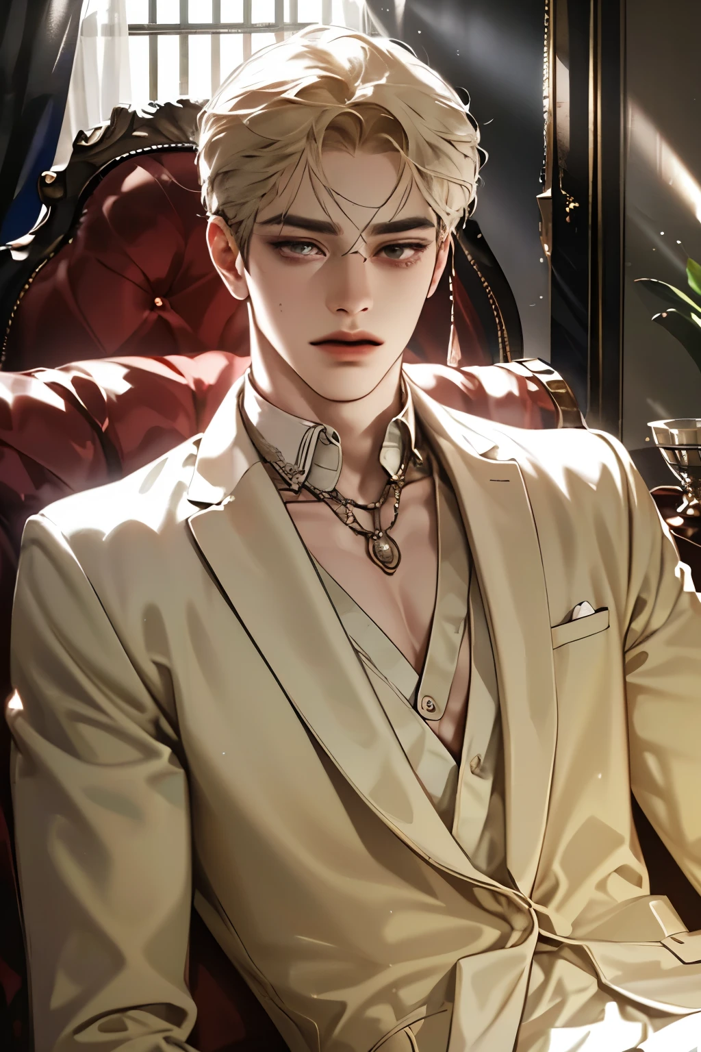 Butler with charming manners, Meticulous expression, Friendly posture, Comfortable interior space, soft lighting effects, Organized furniture and accessories, Luxurious interior decoration, Relaxed Atmosphere, Exquisite texture and light effects, Realistic Details, realistic expression, attractive figure , Exquisite realistic rendering, 고화질, professional work