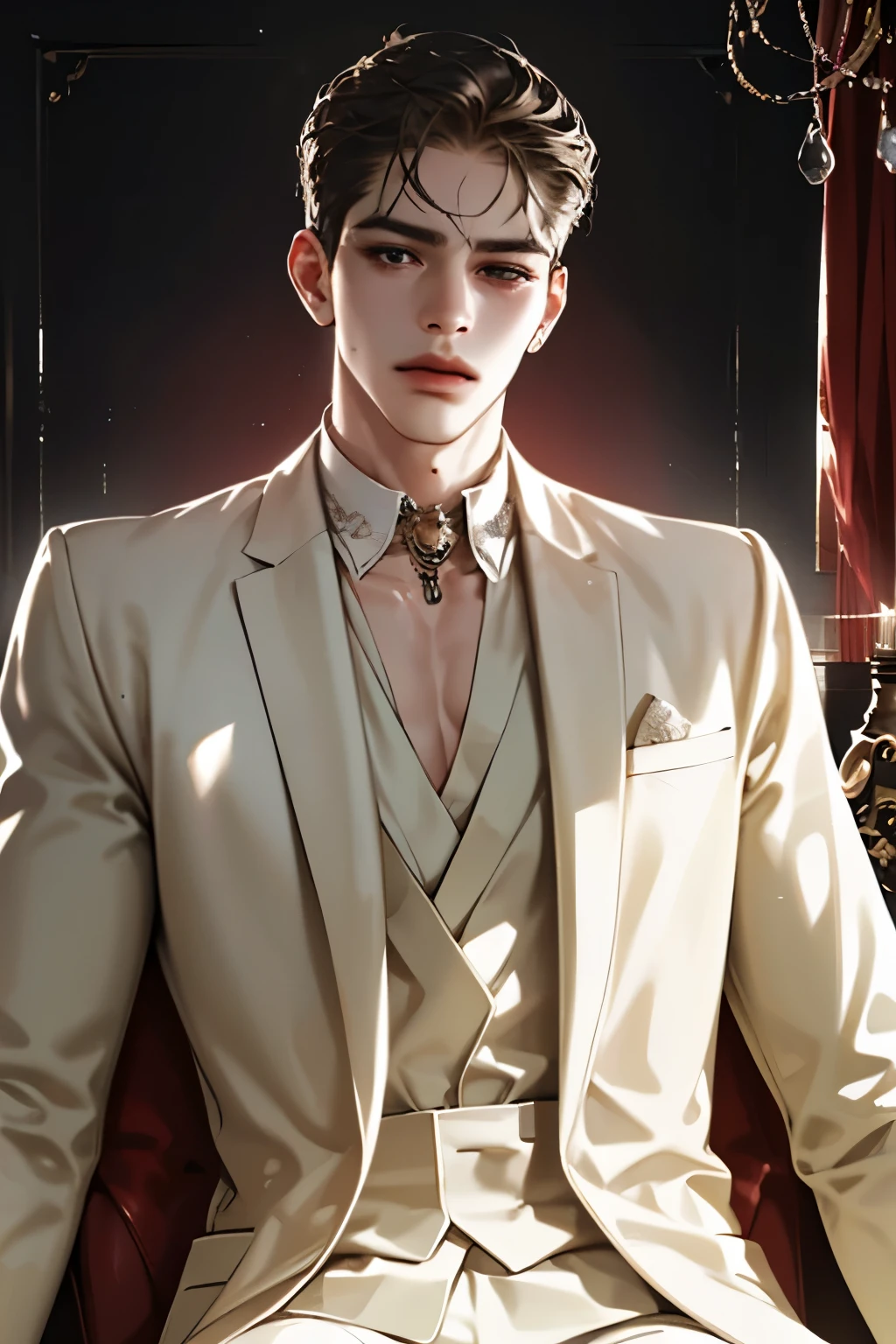 Butler with charming manners, Meticulous expression, Friendly posture, Comfortable interior space, soft lighting effects, Organized furniture and accessories, Luxurious interior decoration, Relaxed Atmosphere, Exquisite texture and light effects, Realistic Details, realistic expression, attractive figure , Exquisite realistic rendering, 고화질, professional work