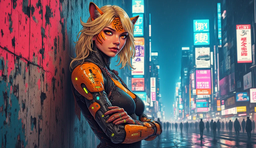 (Nigth ), A stunning hybrid woman with tiger features in a cyberpunk setting. She has striking amber eyes with feline pupils, a face covered in sleek orange fur with bold black stripes, and pointed feline ears on top of her head. Her flowing blonde hair is illuminated by neon reflections. She wears a high-tech  with glowing cybernetic implants integrated into her arms and neck. Her expression is confident and mysterious as she stands in a futuristic cityscape filled with neon lights, holograms, and rain-slicked streets. The background features towering skyscrapers with glowing billboards, and a smoky, dystopian atmosphere. The image is ultra-realistic with cinematic lighting, high detail, and a fusion of organic and cybernetic aesthetics. illustration, side camera angle, young woman standing against graffiti-covered wall, arms crossed, detailed  features, serious expression, photorealistic, 4K, ultra-detailed, professional, vivid colors, dramatic lighting, grungy urban setting, moody atmosphere, muted color palette, realistic textures, street art inspired, concept art style