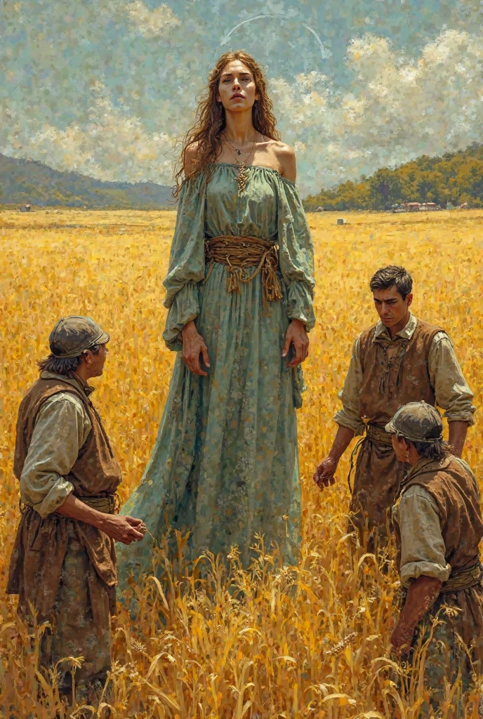 Peasants working around a woman in a wheat field This woman is sacred to them in the Crayon style and medieval theme