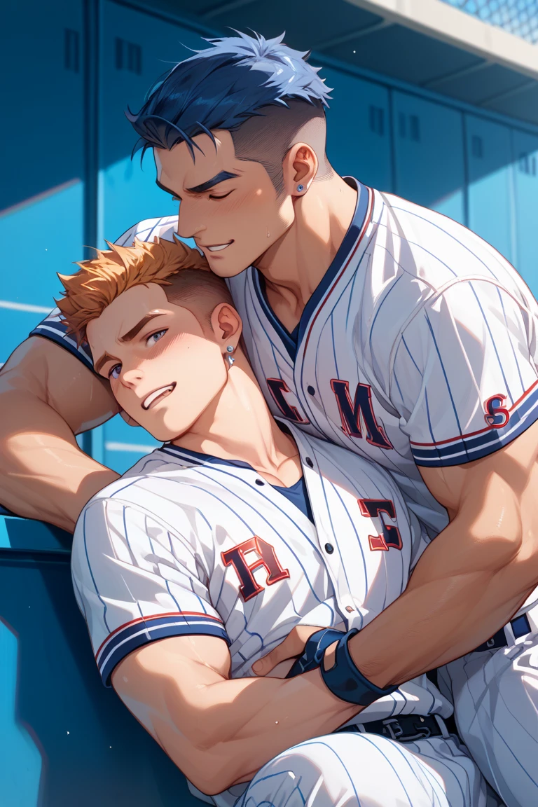 Male couple、manly,Hug from behind, Browsing Caution、Stocky、Crew Cut、beard、Thick arms、Sweat、blush、height_difference、Age difference、baseball player