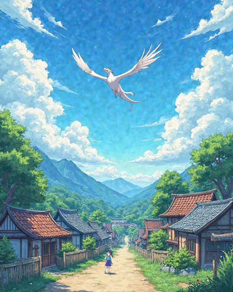 Japanese country houses, Real anime costume design, Chihiro's Journey, Totoro. detailed, colorful, blue sky with white dragon flying