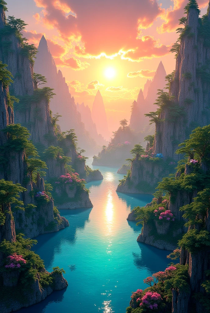 A giant abyss with backgrounds full of trees with colorful shadows in the
Center full of clear waters bordering mountains full of pyramidal houses with cloudy skies and sunsets  