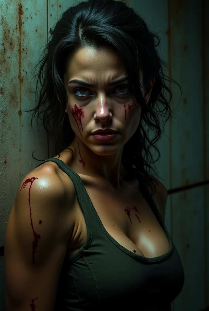 a girl with a pink tight top showing her big breasts, serial killer, beautiful detailed eyes, beautiful detailed lips, extremely detailed face, long eyelashes, blood splatter, knife in hand, dark moody lighting, dramatic shadows, grungy dirty background, (best quality,4k,8k,highres,masterpiece:1.2),ultra-detailed,(realistic,photorealistic,photo-realistic:1.37),dark horror atmosphere,dramatic lighting,cinematic composition