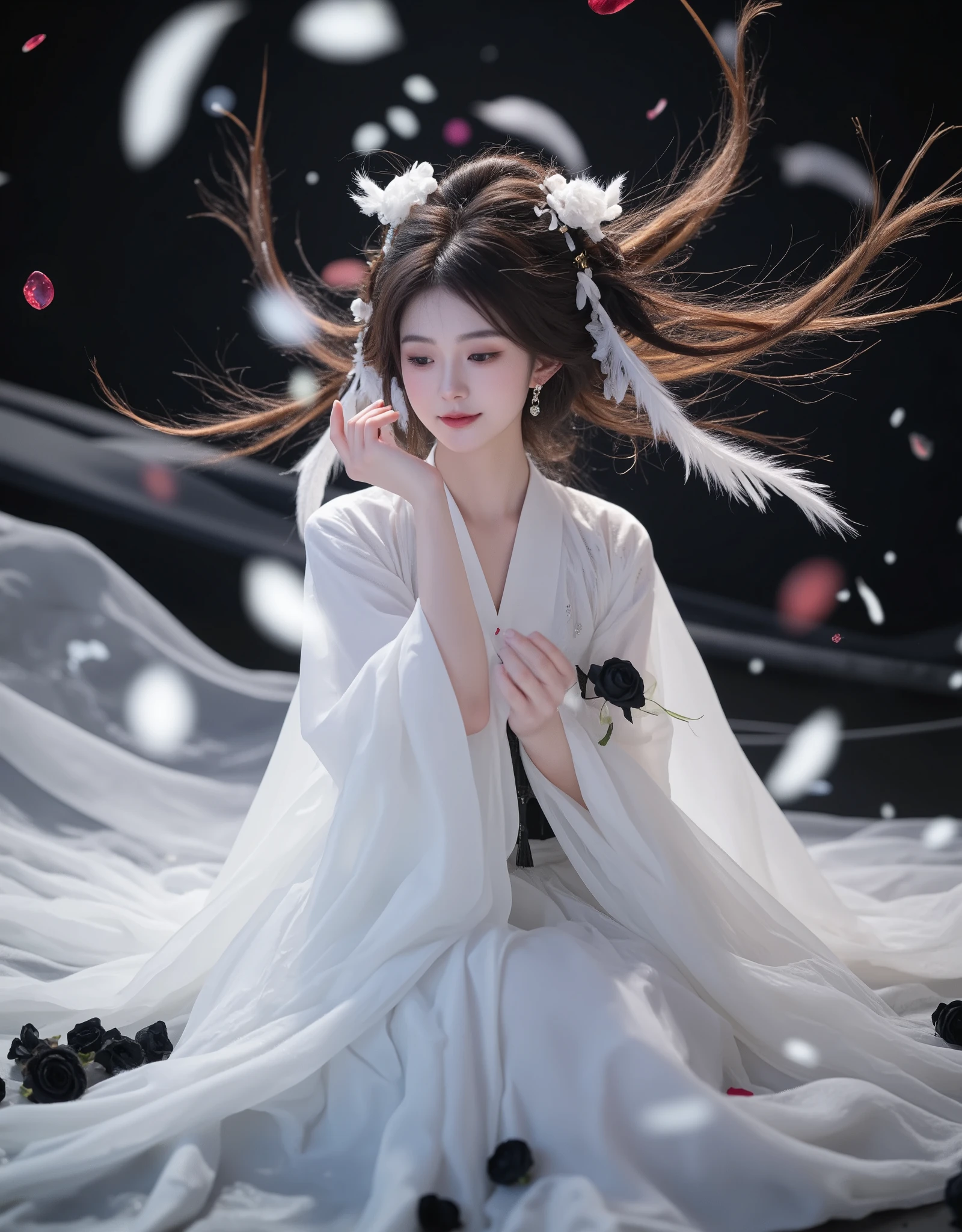 1 Girl, Han girl, white hanfu, whole body, feathers, floating objects, Chinese clothes, there are many scattered luminous petals, foam, contour deepening, black roses, jewelry, earrings, lips, makeup, portrait, eye shadow, {{best quality}}, {masterpiece}, {illustration}, {detail light}, {an extremely delicate and beautiful}, girl, {beautiful detail eyes}, stars in the eyes, messy floating hair, starry sky decorated hair, depth of field, gem, crystal, still life, dance, action, all colors of the rainbow, simple background, shiny, depth of field gem, lifelike, red gem, still life, black silk