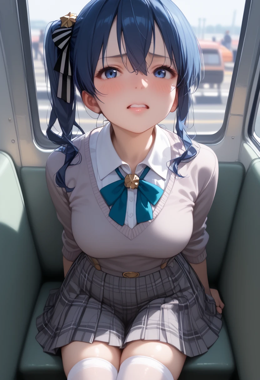 1 female, really short, tanned, round face, plump lips, front view, pov angle, low angle, short purple hair, bowl cut, bangs, big purple eyes, full lidded eyes, puckered lips, school uniform, white shirt, clothes stretch, realistic fabric, red ribbon, short blue skirt, skin tight clothing, extremely flushed face, massive breasts, slim waist, cinematic lighting, volumetric lighting, sunset, leaves falling in background, birds in sky, detailed city background, on a bridge, warm hues,train tracks in background