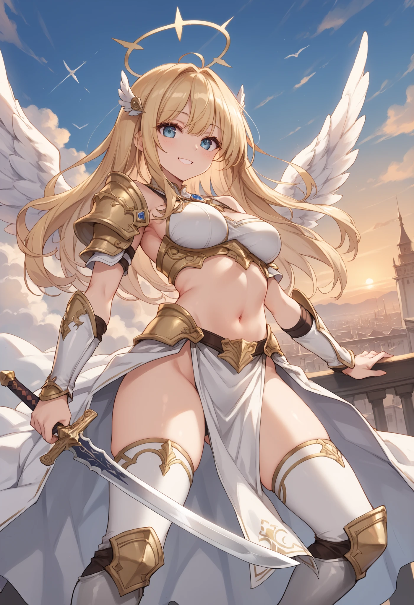 4k,High resolution,one woman,blonde,long hair,Braid,blue eyes,big breasts,Valkyrie,White sacred leotard armor,High leg,Winged headgear,jewelry decoration,Holy Sword,temple in the sky