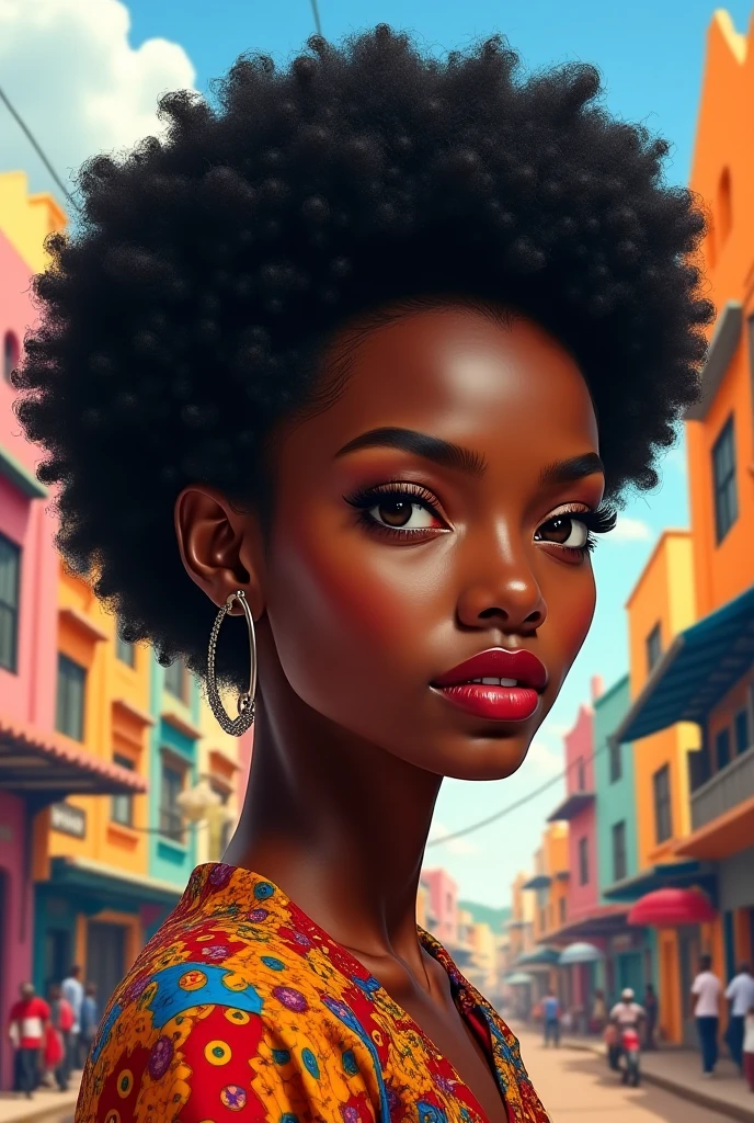 Create the face of an Afro-descendant model, That it seems in the environment of an African city