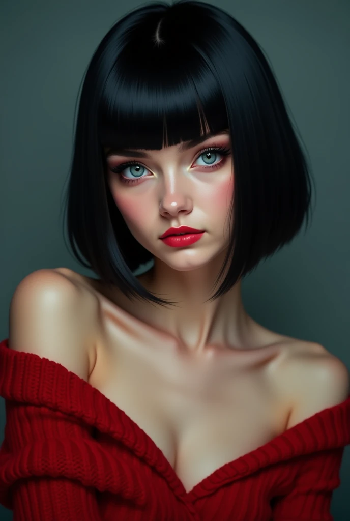 Draw a girl with black hair of a square haircut and gray blue eyes and a red sweater with  shoulders

