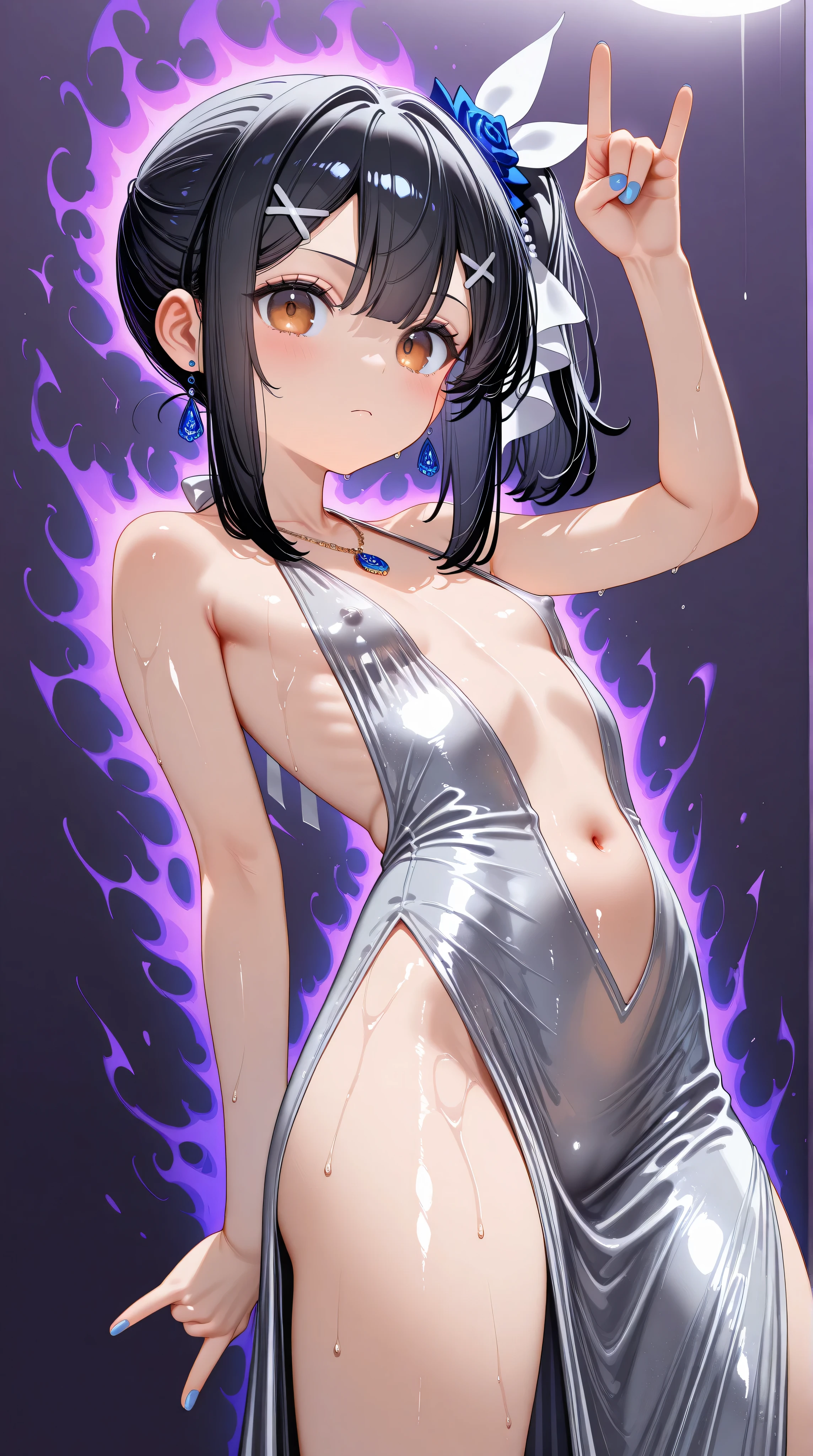 1girl,(Miyu Edelfelt),loli,toddler,petite,cute face,black hair,brown eyes,serious,solo,colored skin,erect nipples, jewelry, dress,necklace, bangs,x hair ornament, bare shoulders, side ponytail, halterneck, plunging neckline, sidelocks, halter dress, backless outfit, silver dress, nail polish, backless dress,closed mouth, blush, revealing clothes, earrings, hairclip, sweat,evening gown,qu33n, hand up, \n/, jojo pose, pose,leaning back,standing,legs apart,center opening,navel,thighs, blue nails, flat_chest, official alternate costume, hair between eyes, best quality, amazing quality, very aesthetic, absurdres,masterpiece,best quality,newest,highres,absurdres,very awa,shiny skin,(artist:loika:0.5),(artist:xiaoshou xiansheng:0.8),artist:rin31153336,artist:gawako,(oiled),purple background, aura, dutch angle, foreshortening,