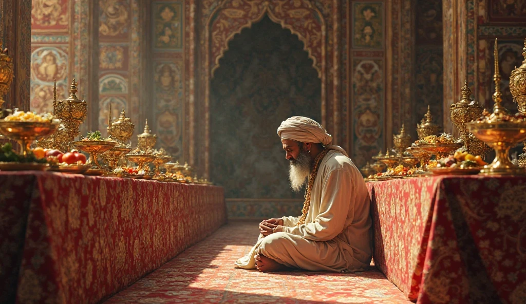 
A royal feast being served to a humble fakir, golden dishes with traditional food, fruits and meat, richly decorated dining hall, contrast between royal and simple appearance


