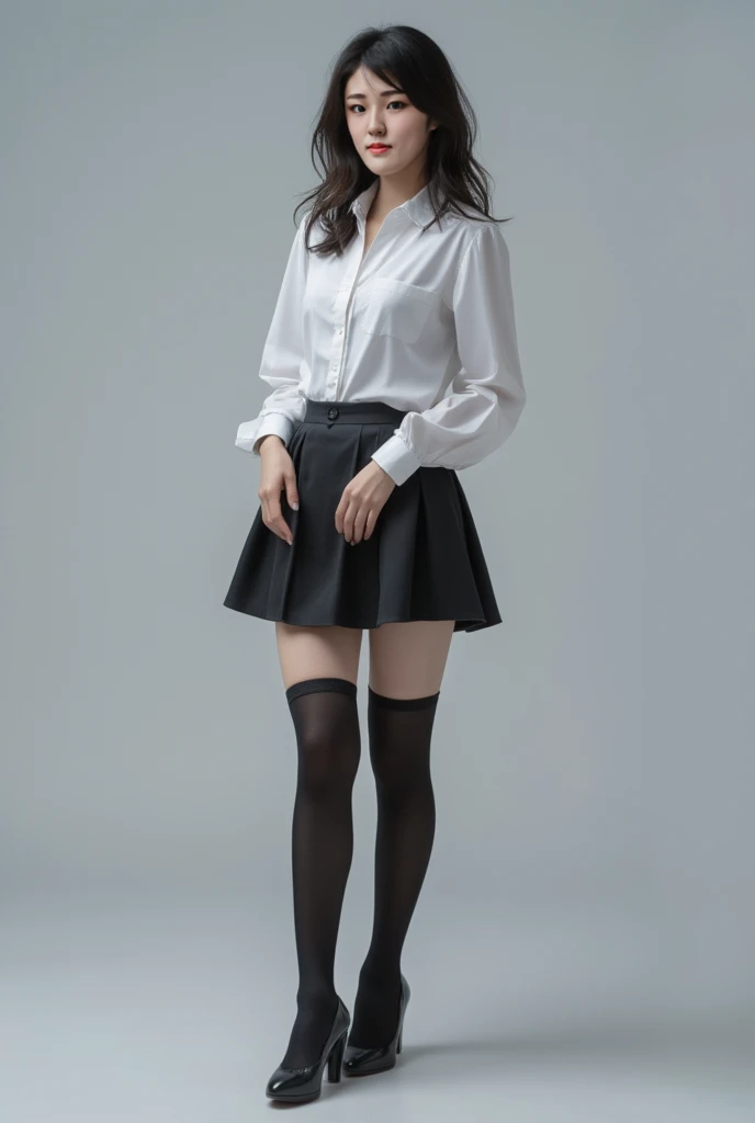 ((masterpiece, high quality, best quality, 8k, wallpaper, fine lineart, highly detailed, absurdres)), 1girl, korean popstar, thighhighs, miniskirt, high heels, mesh top, long black hair, pretty hands, cameltoe, curly hair,
