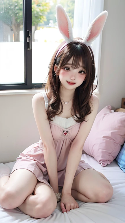 A 20-year-old female college student is sitting on her bed at home taking a selfie. She is relaxed and striking a cute pose like an idol. The background shows a room decorated with cute decorations. , A bright room decorated with colorful posters and fairy lights. Shelves neatly display idol goods and cosmetics exuding a pop and youthful energy. A fluffy carpet covers the floor. , She is relaxed and enjoying striking idol-like poses in her room. She is smiling at the selfie camera. The room is cutely decorated reflecting her personality. , She has bright sparkling eyes and is smiling shyly. Her smile is very cute and makes the viewer feel happy. , She looks very happy and relaxed. She enjoys taking selfies and striking idol-like poses to show off her cuteness. , In addition to light pink lipstick she emphasizes her eyes with light eyeshadow and mascara. Her cheeks are lightly blushed with pink creating a natural and fresh makeup look. , Long naturally straight hair. Her bangs are cut straight and the long hair flowing to the sides accentuates her small face. Her hair is adorned with pink ribbons and small hairpins as accents.