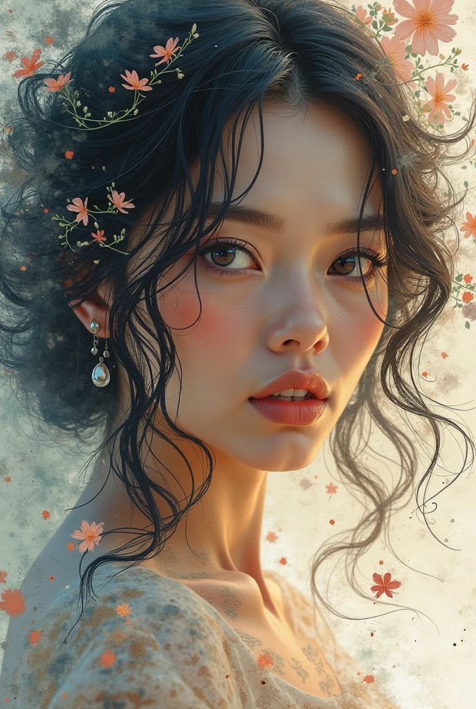 Colourful and beautiful woman: Flux d&#39;encre noire: photorealistic masterpiece in 8K resolution: Par Aaron Horkey et Jeremy Mann: fluid gouache painting rich in detail: Par Jean Baptiste mongue: calligraphy: acrylique: watercolor art , photographie professionnelle, natural lighting, volumetric lighting maximalist photoillustration: by Marton Bobzert: concept art en résolution 8k, Intricate Details, Complexe, elegant, expansif, fantastique, Capteur de rêves,