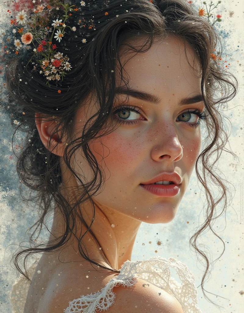 Colourful and beautiful woman: Flux d&#39;encre noire: photorealistic masterpiece in 8K resolution: Par Aaron Horkey et Jeremy Mann: fluid gouache painting rich in detail: Par Jean Baptiste mongue: calligraphy: acrylique: watercolor art , photographie professionnelle, natural lighting, volumetric lighting maximalist photoillustration: by Marton Bobzert: concept art en résolution 8k, Intricate Details, Complexe, elegant, expansif, fantastique, Capteur de rêves,
