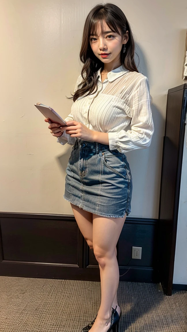 Early 20s、Black Hair、mini skirt、Highest quality、8K、masterpiece、long hair、double eyelid、Big Ass、Big eyes、Beauty、Big Breasts、White shirt、I can see your pants、Leg spread、clerk