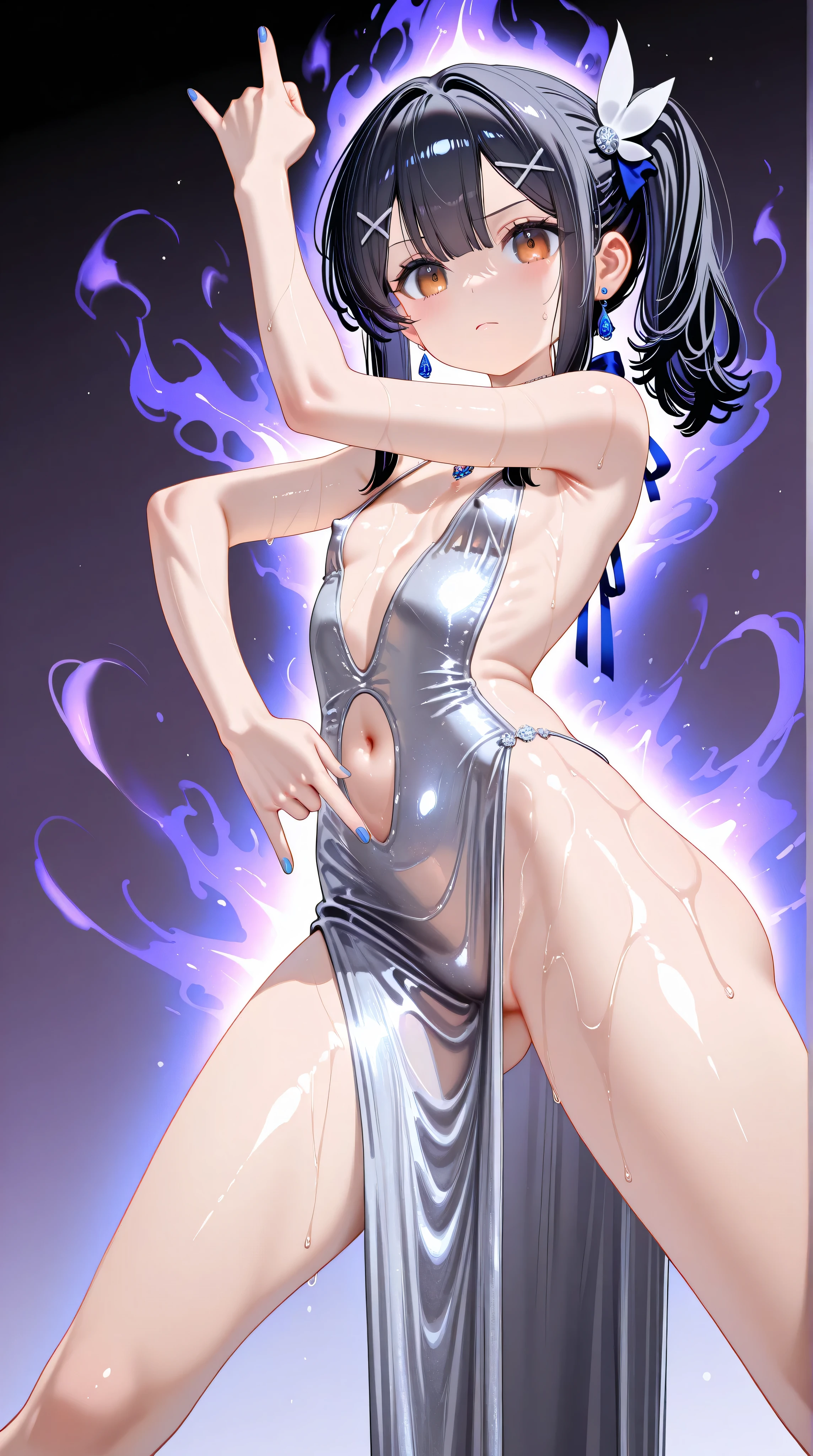 1girl,(Miyu Edelfelt),loli,toddler,petite,cute face,black hair,brown eyes,serious,solo,colored skin,erect nipples, jewelry, dress,necklace, bangs,x hair ornament, bare shoulders, side ponytail, halterneck, plunging neckline, sidelocks, halter dress, backless outfit, silver dress, nail polish, backless dress,closed mouth, blush, revealing clothes, earrings, hairclip, sweat,evening gown,qu33n, hand up, \n/, jojo pose, pose,standing,legs apart,center opening,navel,thighs, blue nails, flat_chest, official alternate costume, hair between eyes, best quality, amazing quality, very aesthetic, absurdres,masterpiece,best quality,newest,highres,absurdres,very awa,shiny skin,(artist:loika:0.5),(artist:xiaoshou xiansheng:0.8),artist:rin31153336,artist:gawako,(oiled),purple background, aura, dutch angle, foreshortening,