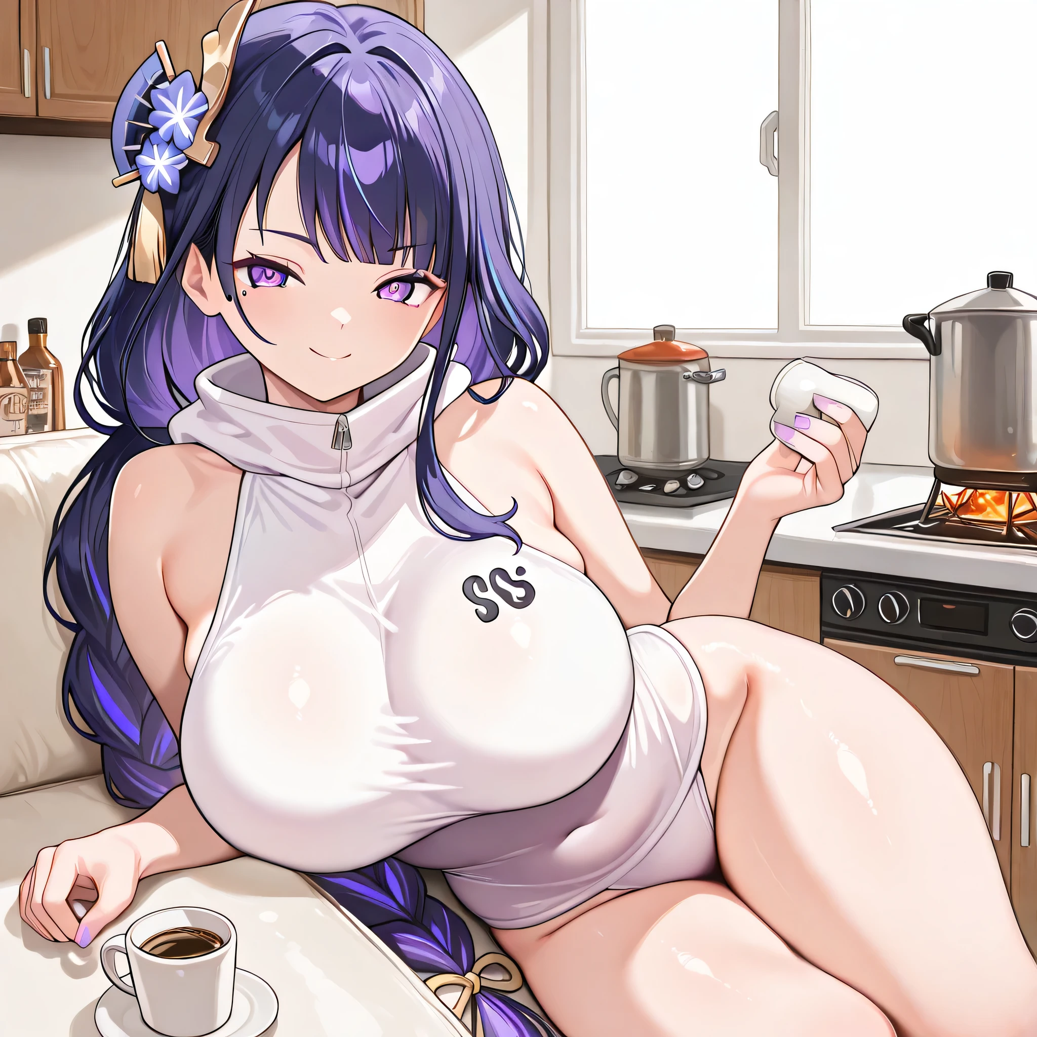 masterpiece, best quality, very aesthetic, absurdres, safe, raiden shogun, beautiful purple eyes ,long braided hair, long purple hair , one mole under eye, Nami costume , She is wearing a simple white top that has large, block letters reading "SSG" on the chest area. The style is anime-inspired, with exaggerated features and a bright, somewhat vibrant color palette. The character's attire includes a short, white , logpost ultra very big breast, smile face, sexy pose, fullface body, serious face ,solo woman , anatomical details , drawstring , indoor , best quality , good eye , sit on sofa, at kitchen, kitchen, drinking coffee, look a viewer , plump thighs , perfect background , Oppai / Large breasts slim body, only one woman , perfect big thighs , side , 8k resolution,hair ornament, Nami costume