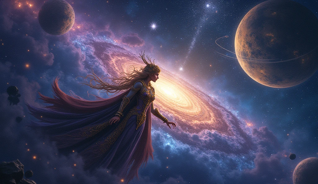 Imagine a space being called Nebula Navigator traveling through space with nebulas and planets and bright stars. The style mixes steampunk, baroque and cosmic mysticism, inspired by Alex Grey and Alphonse Mucha, with a touch of Greg Rutkowski's high fantasy details. The color palette is rich in deep blue, purple and gold, creating a sense of divine wonder and cosmic grandeur.